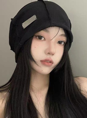 黑色帽子薄款ins韩版防风毛线月子帽包头冷帽日系套头针织堆堆帽