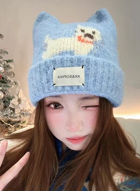 秋冬可爱小狗耳朵显脸小毛线帽女