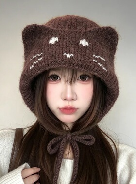 韩系可爱猫耳系带针织帽子女秋冬保暖护耳百搭显脸小毛线帽套头帽