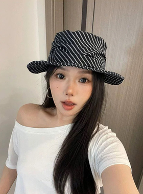 日系高端高品质亚麻条纹褶皱平顶渔夫帽子女遮阳夏日防晒登山帽