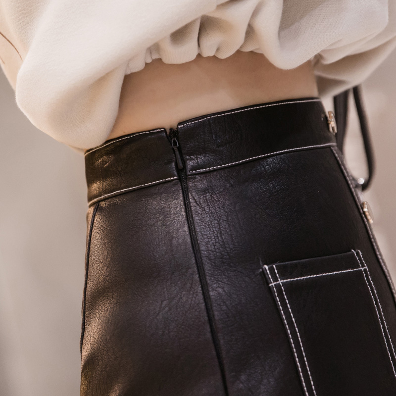 高腰单排扣小女2021春秋冬pu半身裙 离题服饰半身裙
