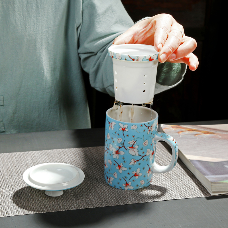 陶瓷茶杯水杯个人杯带过滤内胆三件套杯复古青花瓷泡茶杯会议用杯