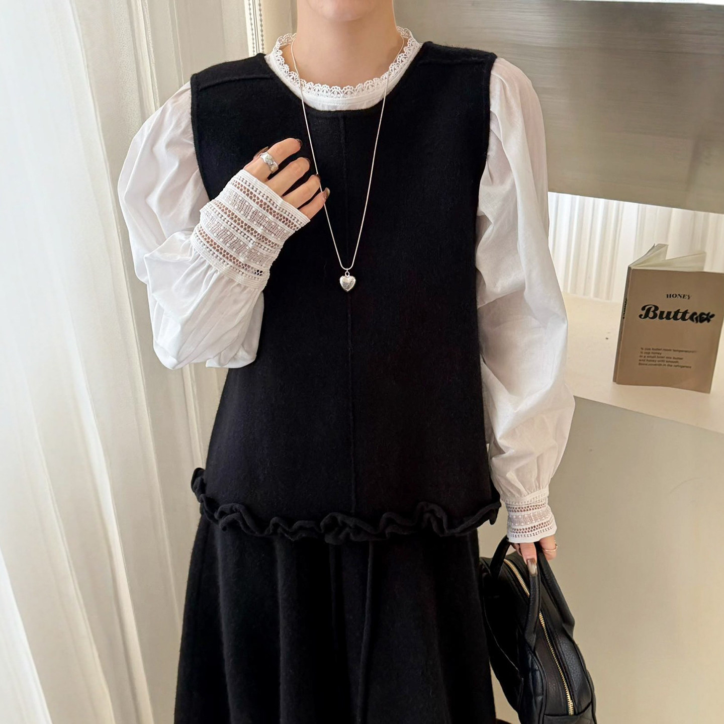 木耳边拼接羊毛针织衫马甲衬衫两件套女欧洲站2025冬装新款欧货潮,淘宝优惠券,粉丝福利购,淘宝优惠卷