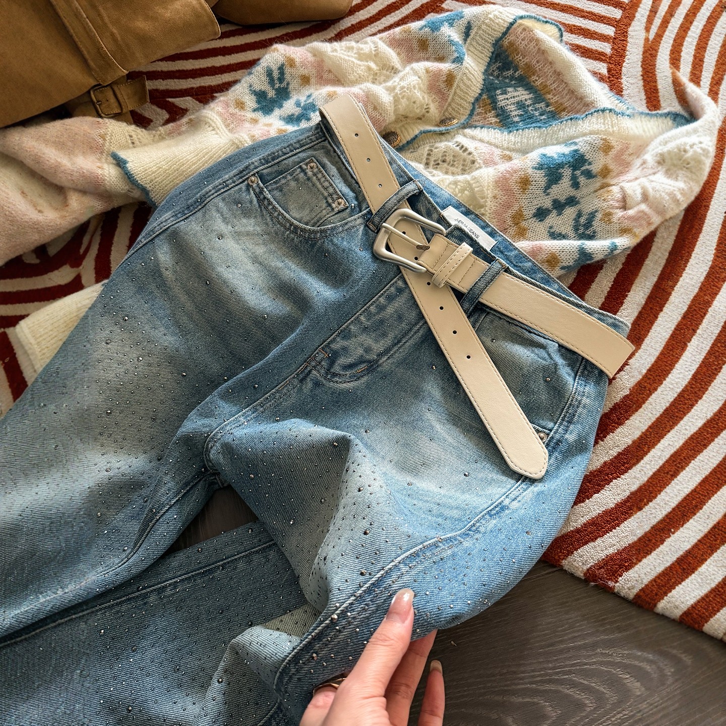 重工烫钻弯刀牛仔裤女欧洲站2025冬装新款欧货女装拖地阔腿裤子潮,淘宝优惠券,粉丝福利购,淘宝优惠卷