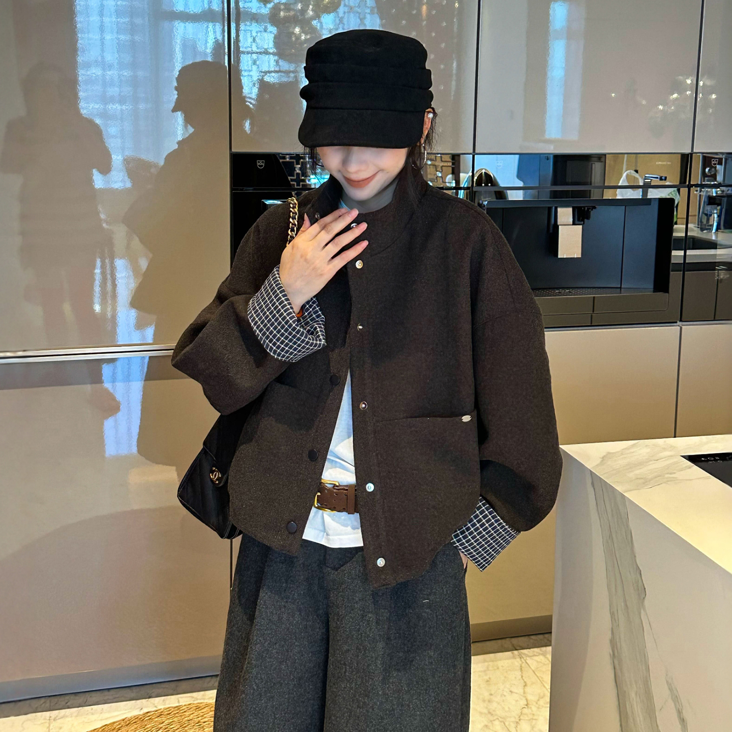 撞色格子羊毛呢立领外套女欧洲站2025秋装新款欧货女装短款夹克潮 - 图0