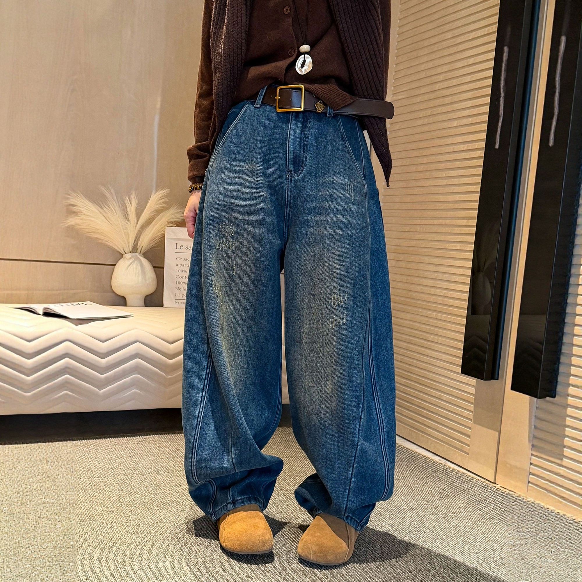 复古加厚加绒阔腿牛仔裤女欧洲站2025冬装新款欧货女装直筒裤子潮,淘宝优惠券,粉丝福利购,淘宝优惠卷