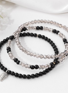 欧美流行手饰4mm石头珠子手链女树叶吊坠三层手串简约百搭切面珠