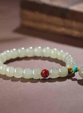 天然冰种晴水料和田玉7*8mm手链女生个性手串玉石莲蓬手饰品复古