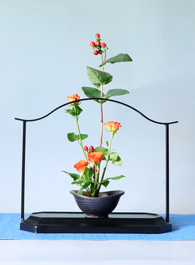 中式花艺摆件铁艺花架禅意插花茶席桌面日式花道装饰展示铁架底座