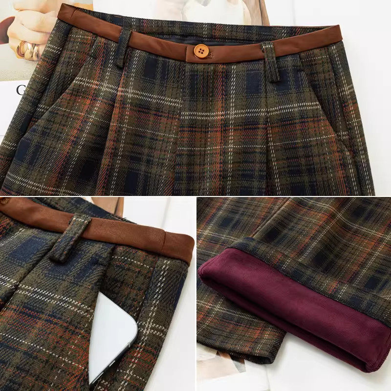 加绒加厚毛呢格纹阔腿裤女2026春秋季新款宽松直筒英伦风休闲裤子,淘宝优惠券,粉丝福利购,淘宝优惠卷