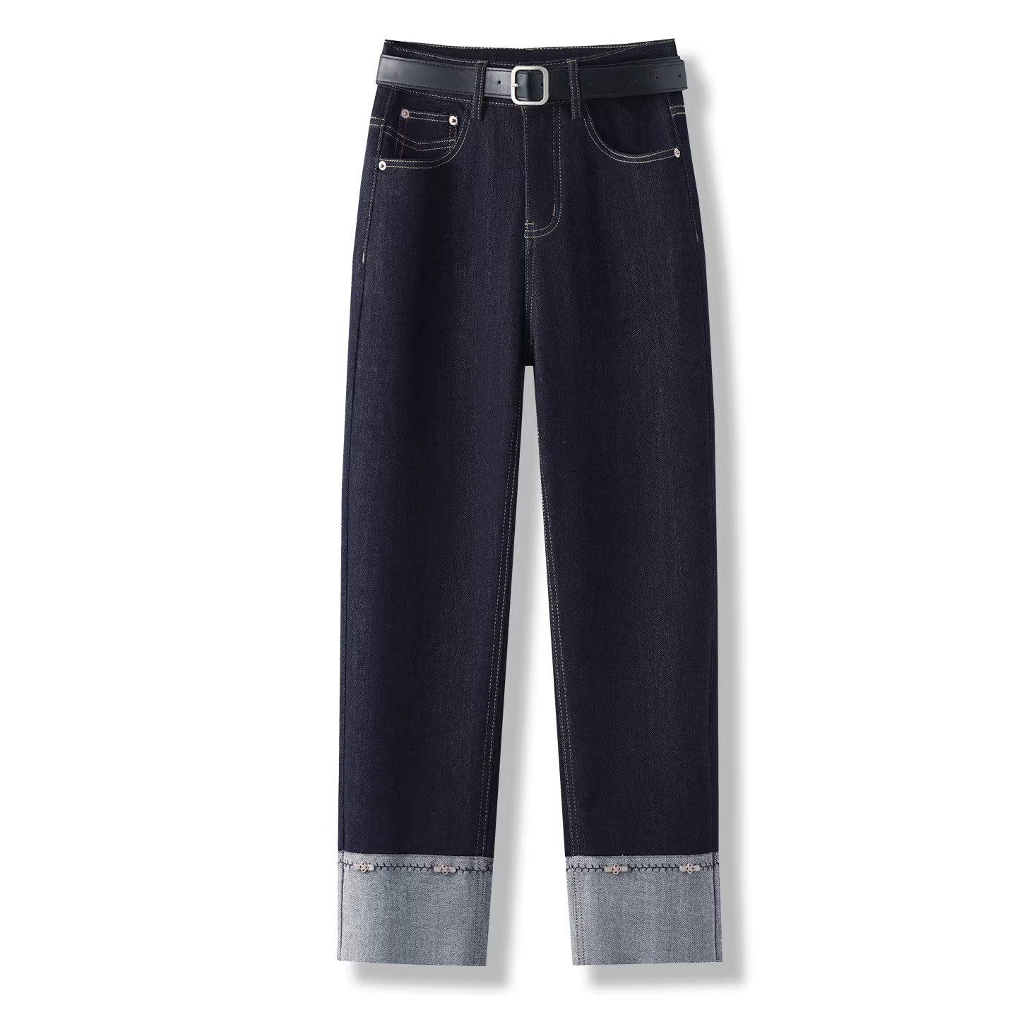 深蓝色窄版直筒牛仔裤女秋冬季2025新款高腰显瘦小个子加绒烟管裤,淘宝优惠券,粉丝福利购,淘宝优惠卷