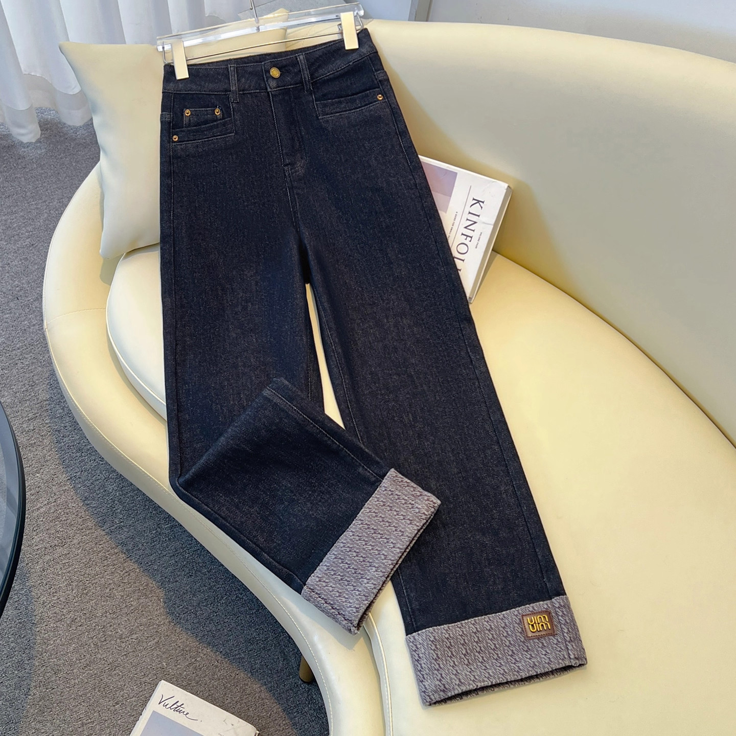 秋冬2025新款丹宁蓝加绒烟管裤牛仔裤高腰巨好看加厚复古直筒裤,淘宝优惠券,粉丝福利购,淘宝优惠卷