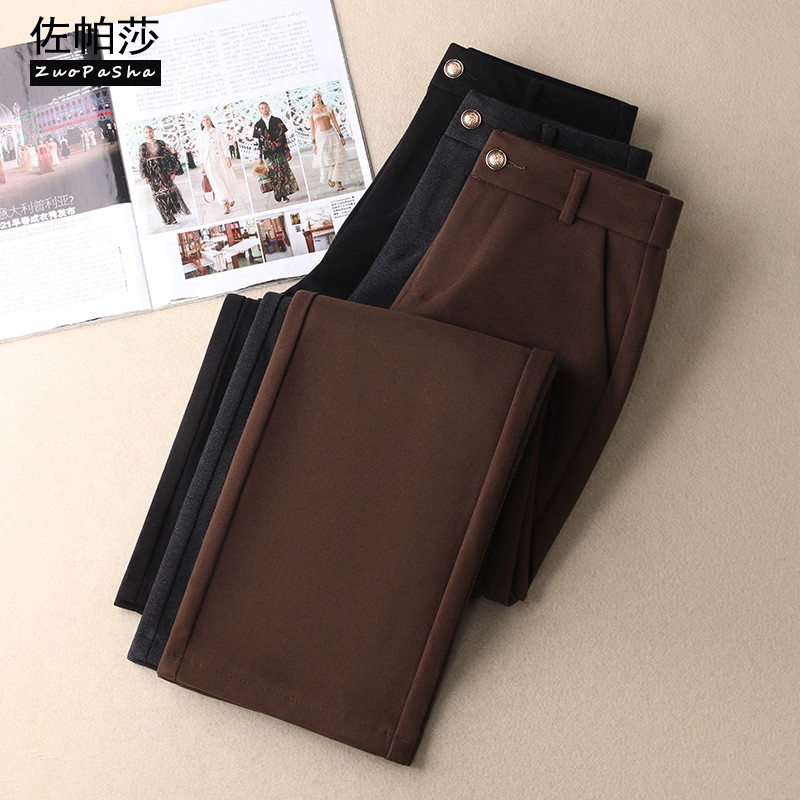 咖色毛呢窄版阔腿裤女2025秋冬季新款松紧高腰显瘦垂感百搭直筒裤,淘宝优惠券,粉丝福利购,淘宝优惠卷