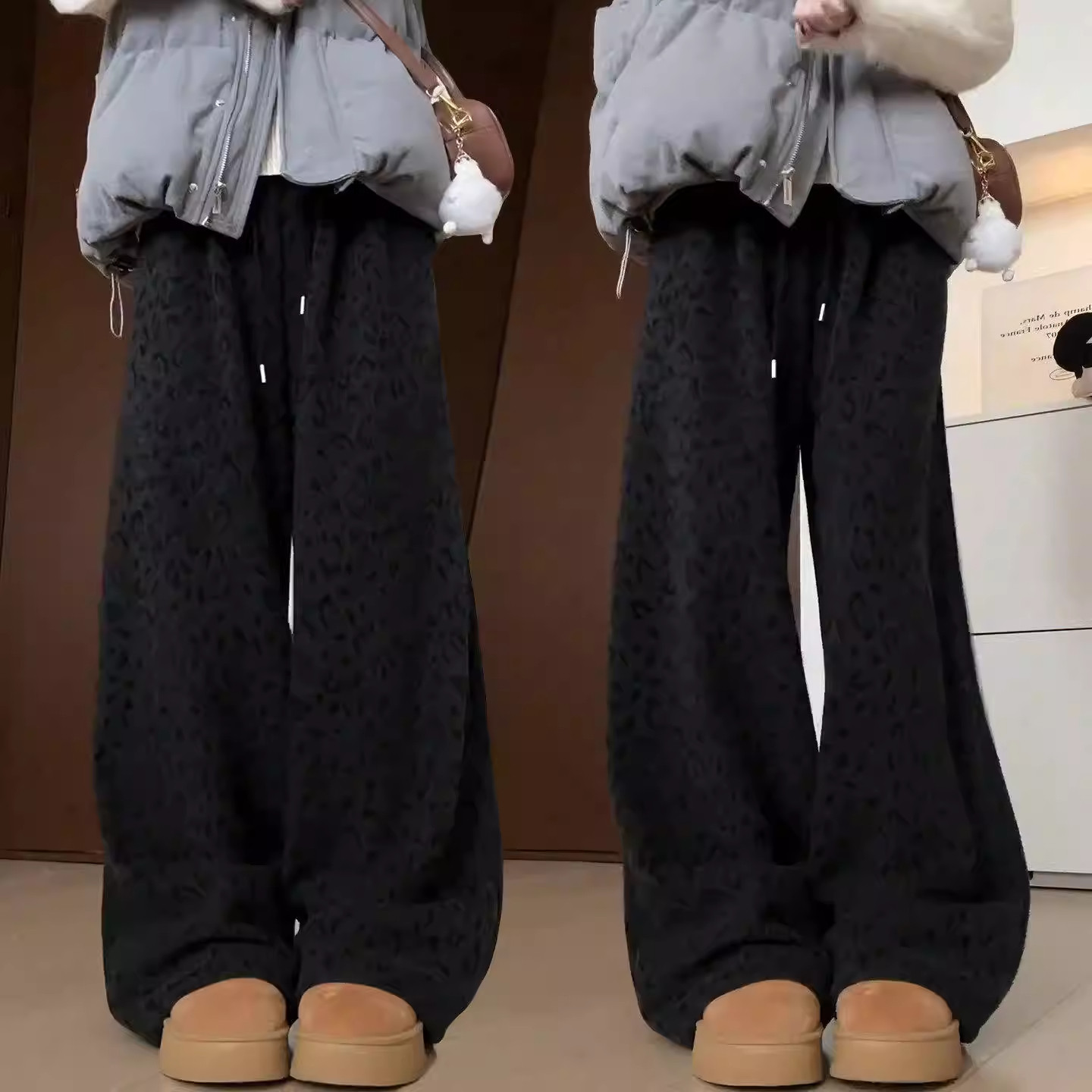 加绒加厚羊毛呢抽绳阔腿裤女2025秋冬季新款休闲豹纹弯刀拖地裤子,淘宝优惠券,粉丝福利购,淘宝优惠卷