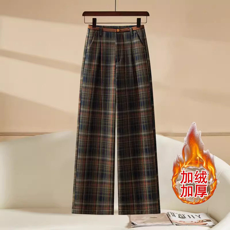 加绒加厚毛呢格纹阔腿裤女2026春秋季新款宽松直筒英伦风休闲裤子,淘宝优惠券,粉丝福利购,淘宝优惠卷
