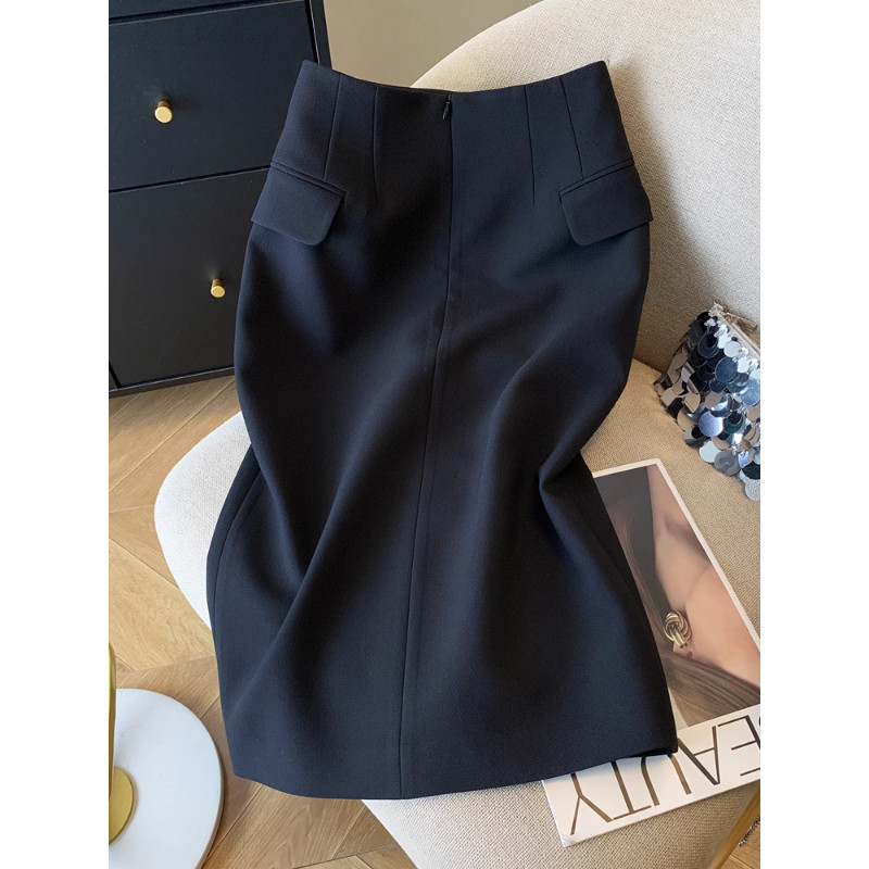 黑色半身裙女秋冬新款高腰开叉直筒裙毛呢高端轻奢中长款包臀裙子,淘宝优惠券,粉丝福利购,淘宝优惠卷