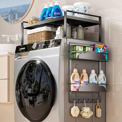 滚筒洗衣机置物架洗衣机上方收纳架免安装伸缩分层侧边磁吸储物架 - 图0