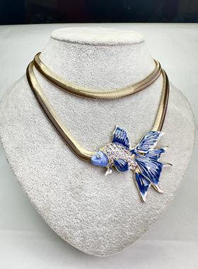 欧美外贸饰品手工滴釉珐琅蓝色小鱼女项链时尚优雅高级感个性饰品