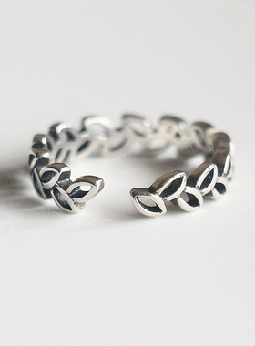 树叶戒指纯银树叶复古做旧韩版