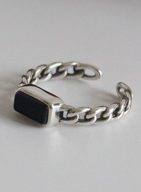 S925纯银黑玛瑙几何方形戒指