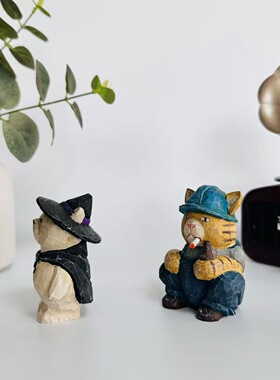 手工实木雕刻猫咪可爱桌面摆件