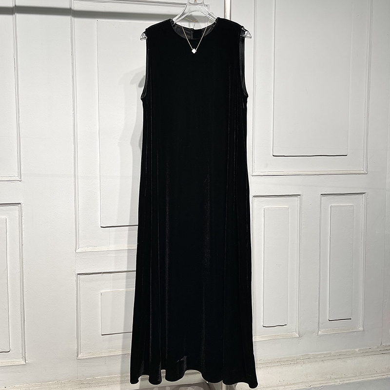 简约风无袖丝绒连衣裙2024春季新款宽松显瘦百搭赫本风气质长裙潮 - 图0