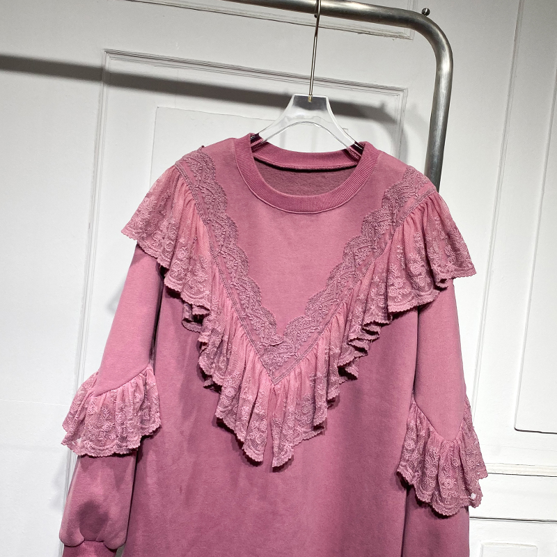 时尚甜美拼接蕾丝加绒连衣裙2022冬季新款宽松显瘦高腰减龄卫衣裙 - 图1