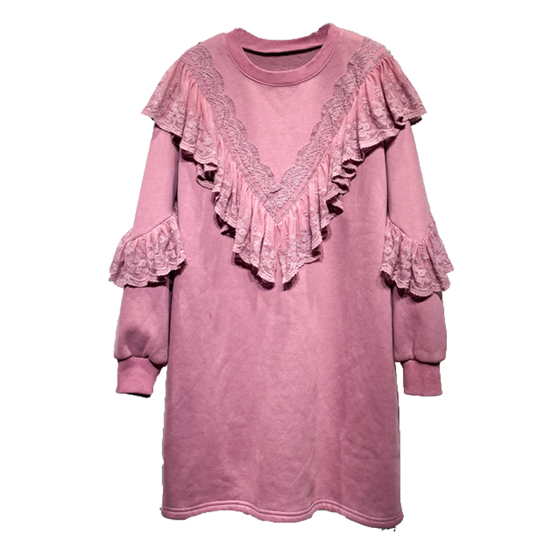 时尚甜美拼接蕾丝加绒连衣裙2022冬季新款宽松显瘦高腰减龄卫衣裙 - 图3