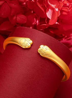 新款招财猫爪手镯沙金招财纳福软萌猫爪开口锡金包银镯送女友礼物