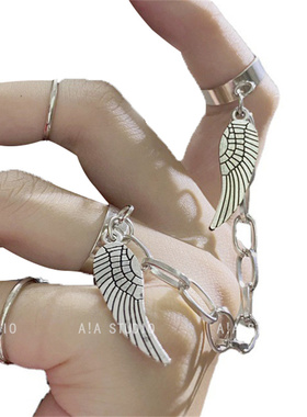 女合金复古风天使翅膀开口戒套装