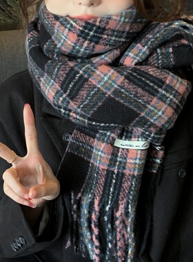 韩版粉紫格子围巾女学生礼物加厚保暖长款流苏情侣围脖秋冬新款