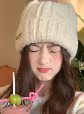 可爱猫咪耳朵毛绒针织帽子秋冬护耳保暖防寒显脸小2026潮帽女款