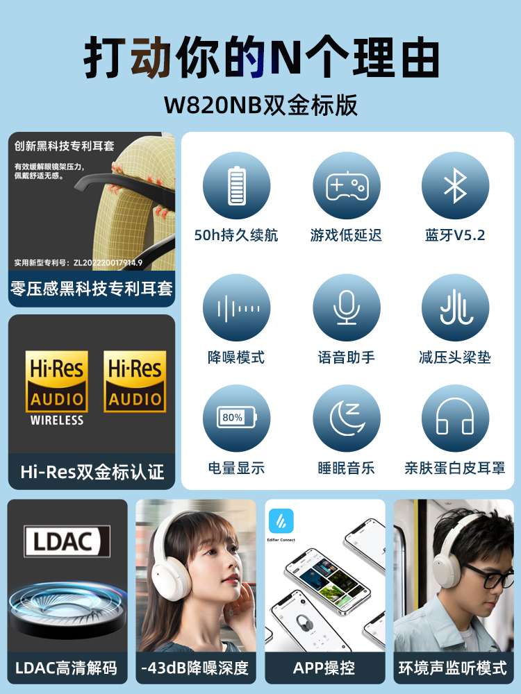 EDIFIER/漫步者W820NB头戴式蓝牙无线降噪运动音乐游戏耳机双金标 - 图0