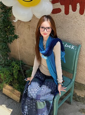 蓝色渐变褶皱围巾青海湖旅游围巾
