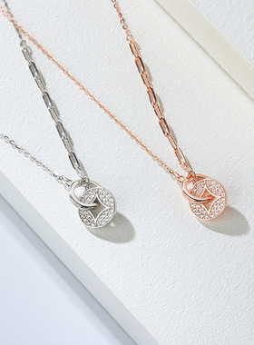 s925纯银铜钱满钻相扣项链民族风