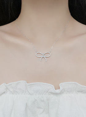 s925纯银项链颈戴大蝴蝶结镶钻锁