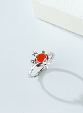 s925纯银皇冠狐狸戒指女镶嵌石榴
