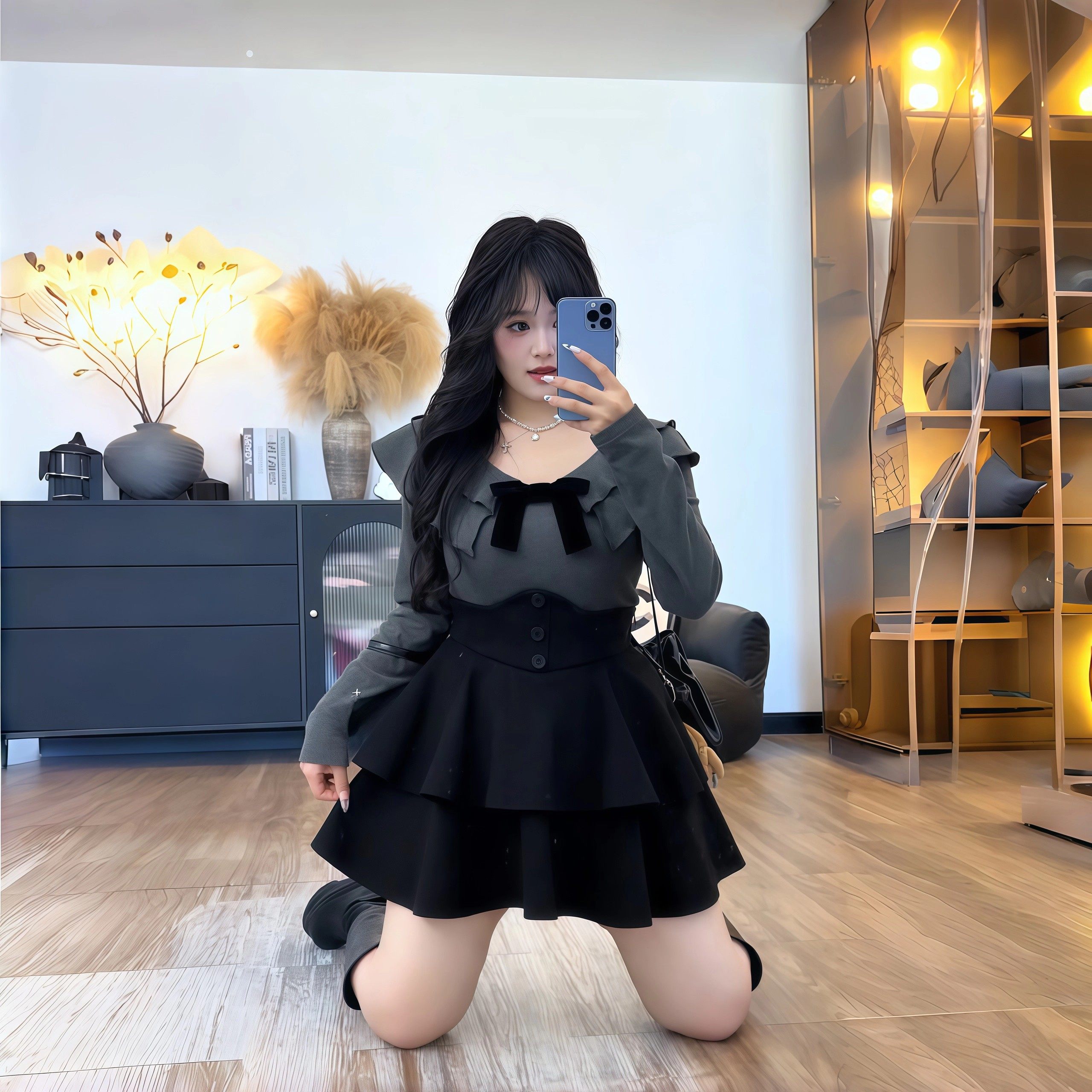 大码胖MM法式蝴蝶结荷叶边上衣A字半身裙女秋冬季显瘦束腰两件套,淘宝优惠券,粉丝福利购,淘宝优惠卷