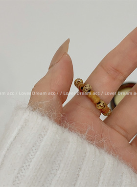 新中式国潮竹节木头米珠串珠戒指 气质百搭均码弹力戒圈时尚手饰