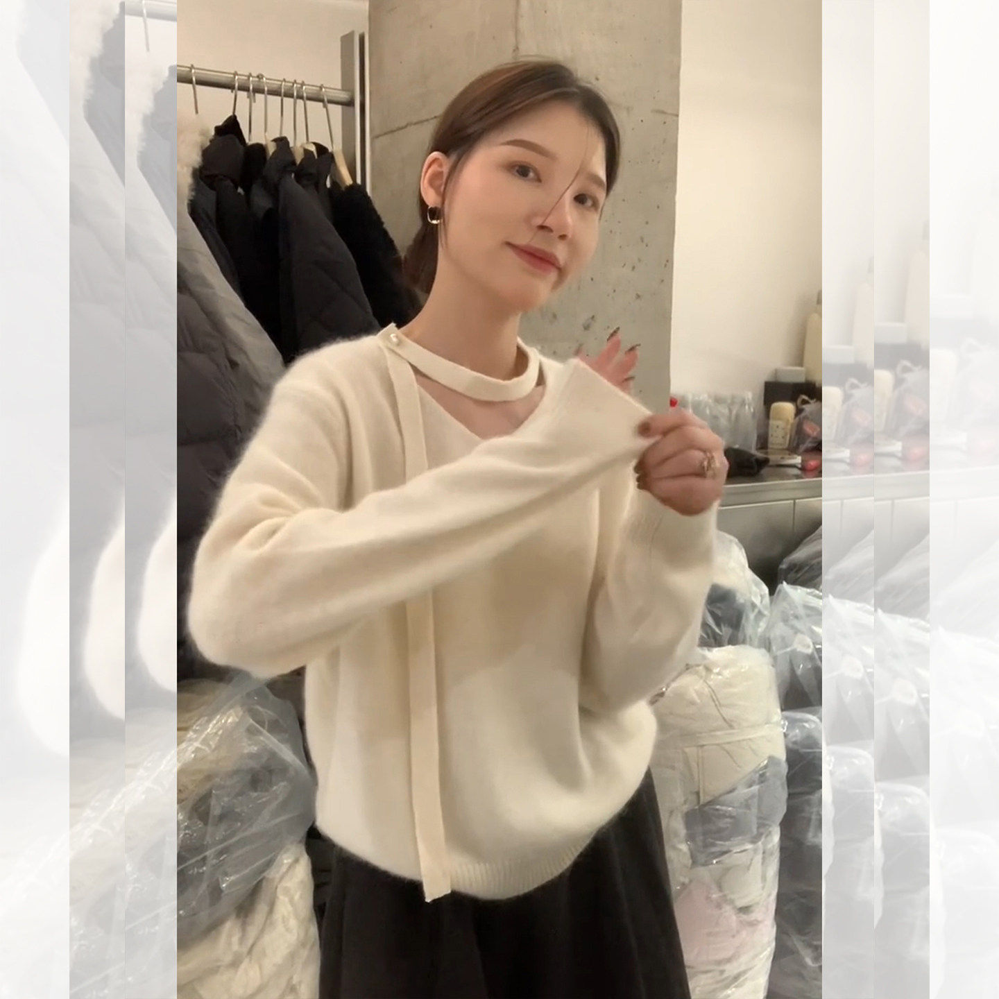 韩系灰色V领飘带针织打底衫女秋冬季慵懒高级感毛衣内搭宽松上衣,淘宝优惠券,粉丝福利购,淘宝优惠卷