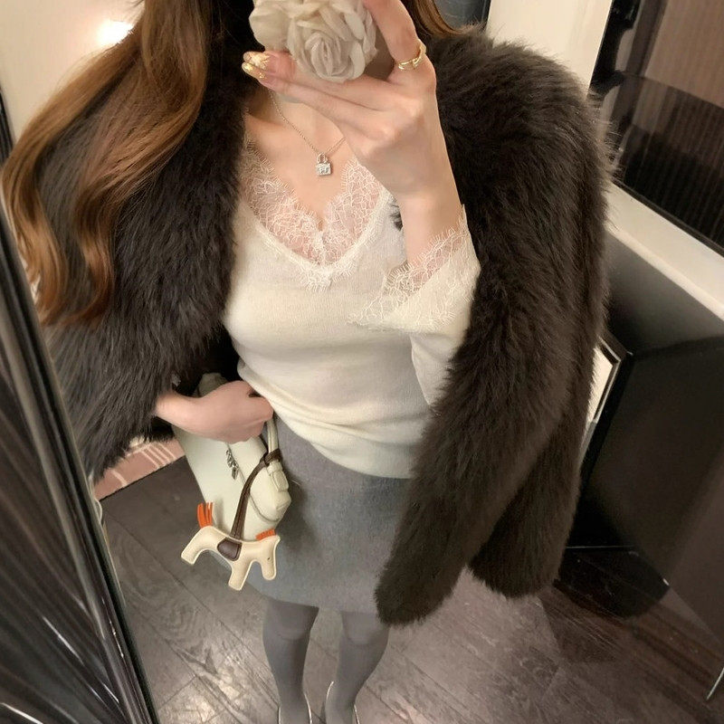 纯欲高级感白色蕾丝V领针织打底衫女春秋修身毛衣内搭气质小上衣,淘宝优惠券,粉丝福利购,淘宝优惠卷