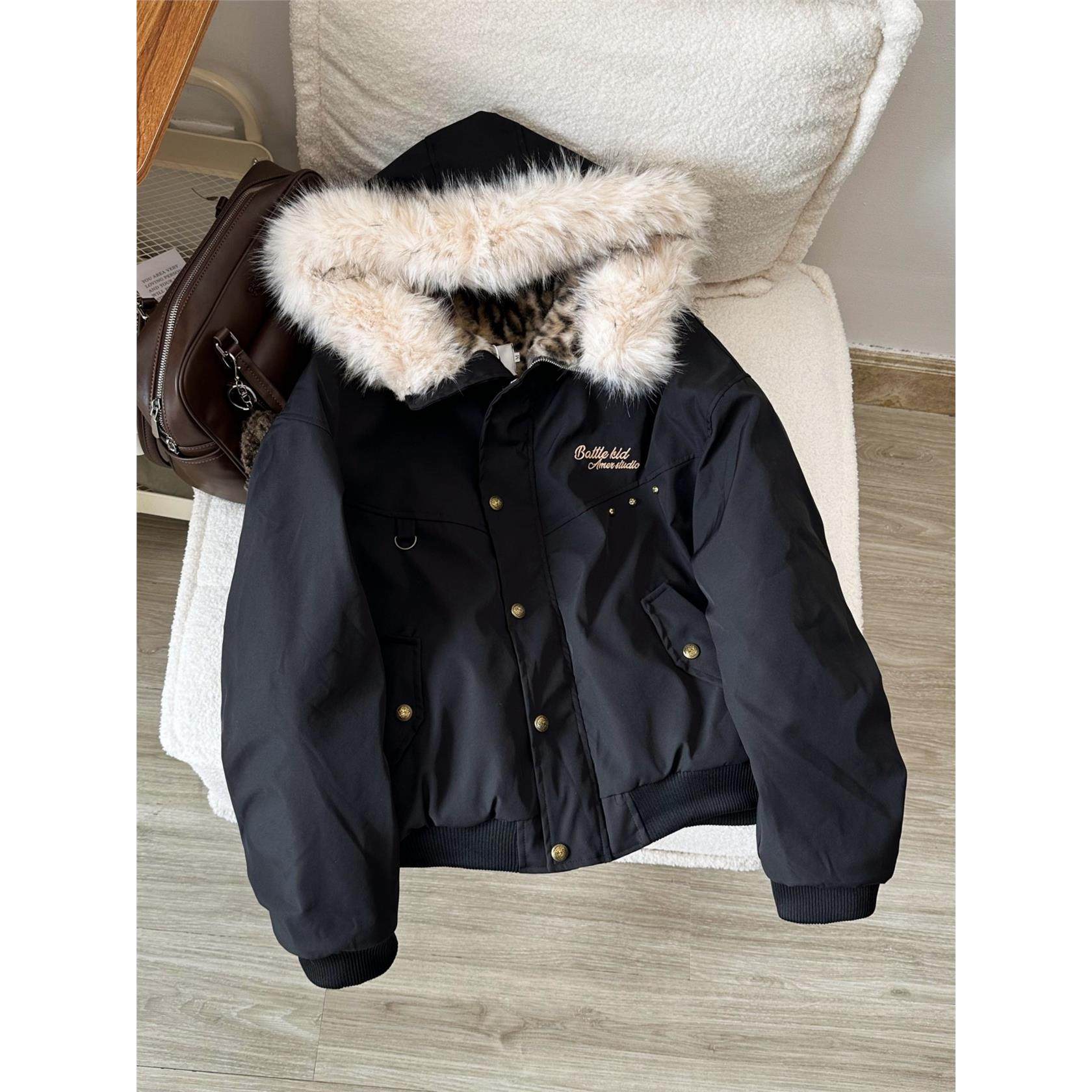 Nuneon美式覆古毛领豹纹座山雕棉衣棉服女情侣冬季加厚棉袄外套潮,淘宝优惠券,粉丝福利购,淘宝优惠卷