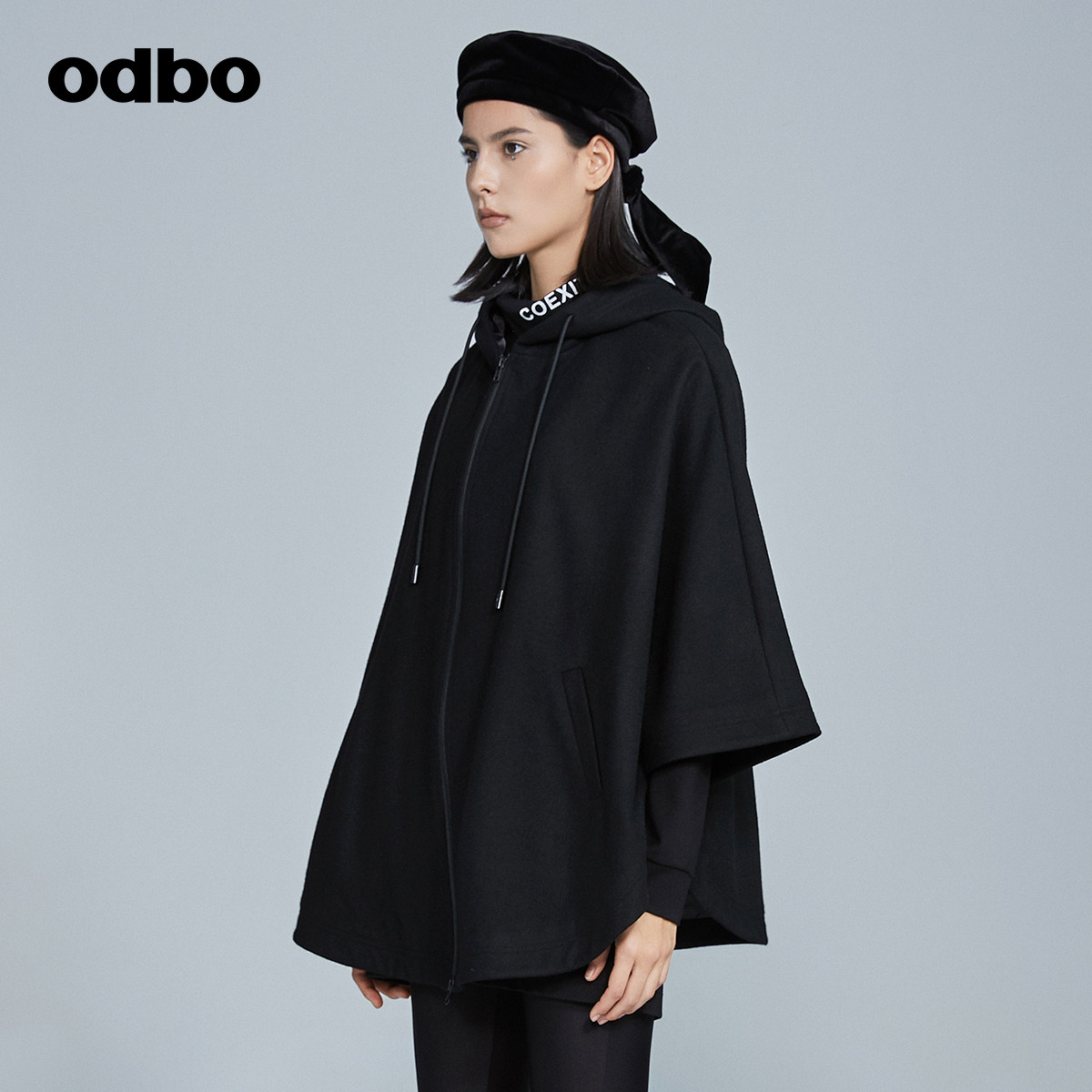 odbo双面羊绒连帽披风外套毛呢大衣 odbo短外套