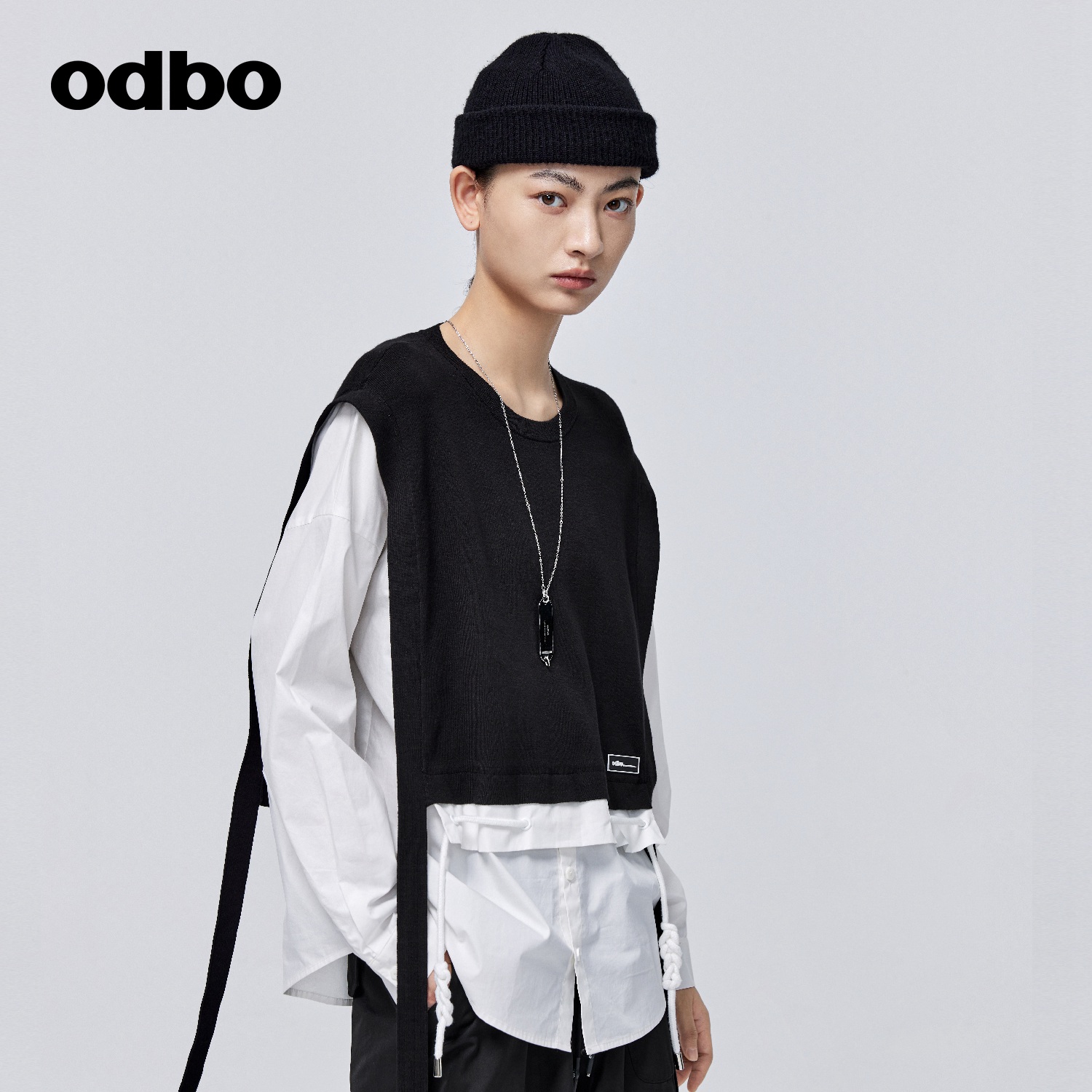 odbo/欧迪比欧时尚工装风假两件叠穿衬衫女秋冬港风复古百搭上衣