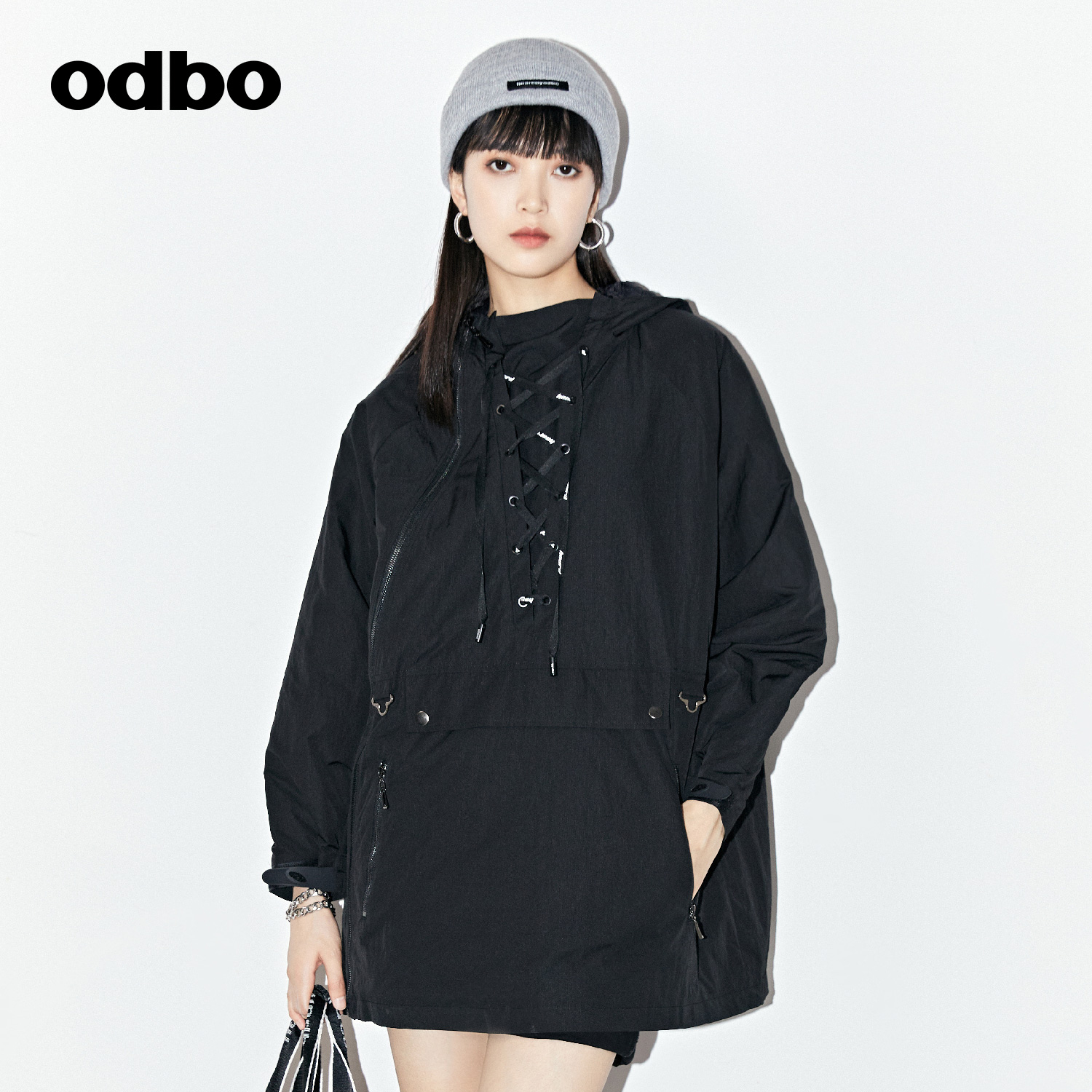 odbo 潮牌工装风连帽夹棉套头中长外套女秋季新款加厚上衣