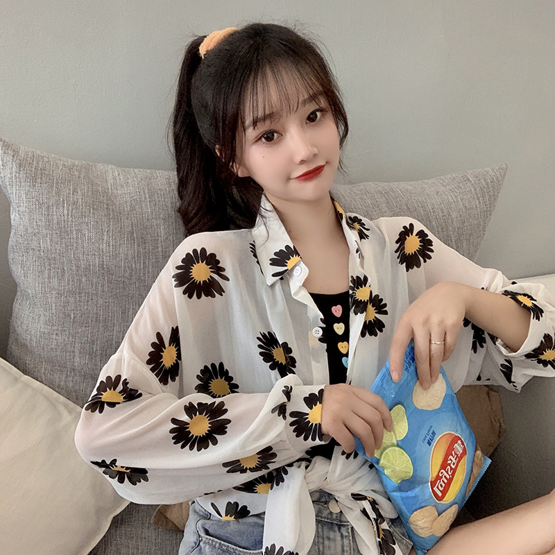 旎丝澜旗舰店新款碎花小雏菊薄款雪纺衬衫女夏季防晒衣超仙的宽松空调衫潮1