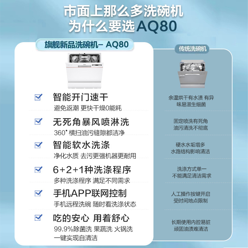 美的AQ80洗碗机全自动家用小型智能自动开门10套台式嵌入式刷碗机