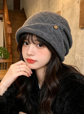 翻边纽扣设计堆堆帽女士时尚帽子