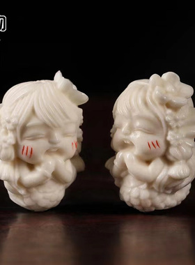 天然鹿角雕刻美人鱼吊坠背云根付原色挂件项坠佛珠手串项链配饰