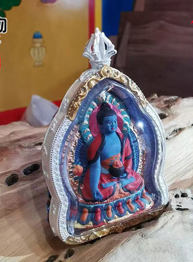 西藏擦擦矿物质彩绘药师佛佛像吊坠唐卡镶嵌藏银挂件项坠配饰配件